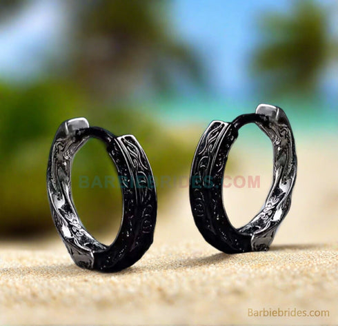 Retro Tang Grass Grain Sense Textured Black Silver Niche Men Women Hoop Earrings